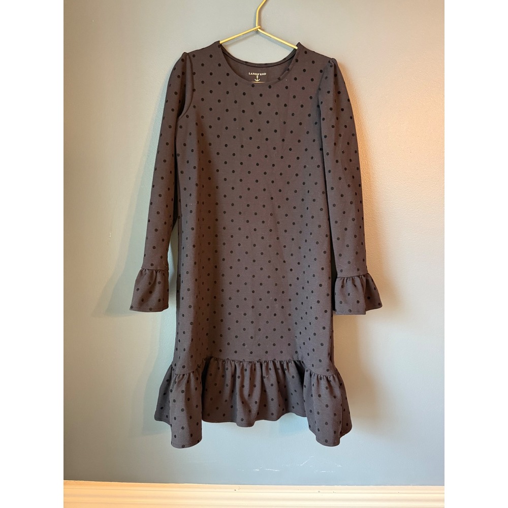 Lands End Kids Girls black‎ Polka Dot Ruffle Hem Dress Size 8